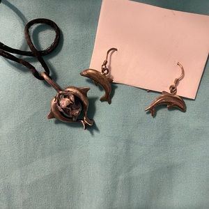 90’s Vintage Pewter Dolphin Earrings and Pendant